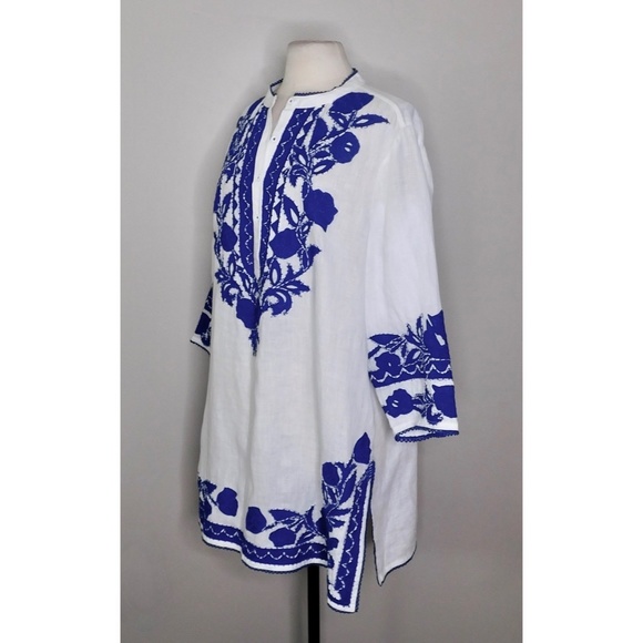 CHICO’S Appliqued Linen Tunic White & Blue Embroidered ~ Size 3 X-Large 16 - Picture 5 of 14